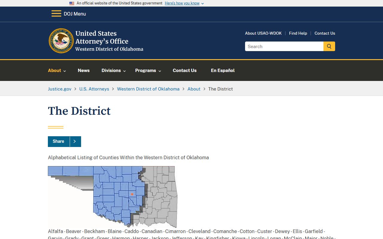 Texas County listed in the Western District of Oklahoma charge records map