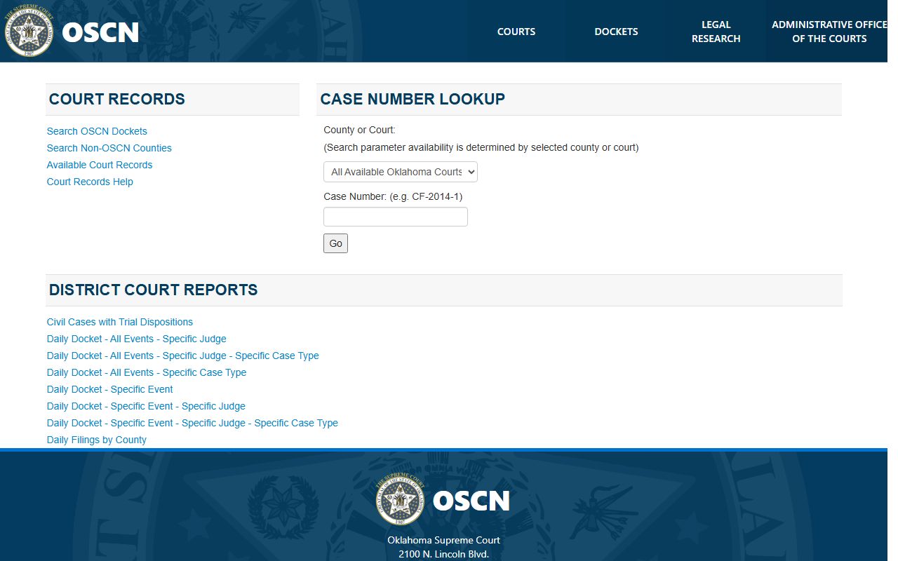 Texas County court dockets listed on the OSCN docket landing page