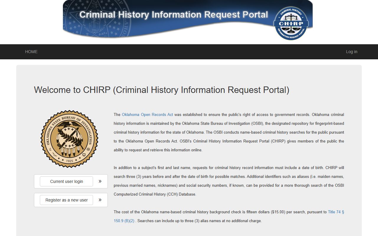 Texas County criminal court records OSBI CHIRP criminal history request portal