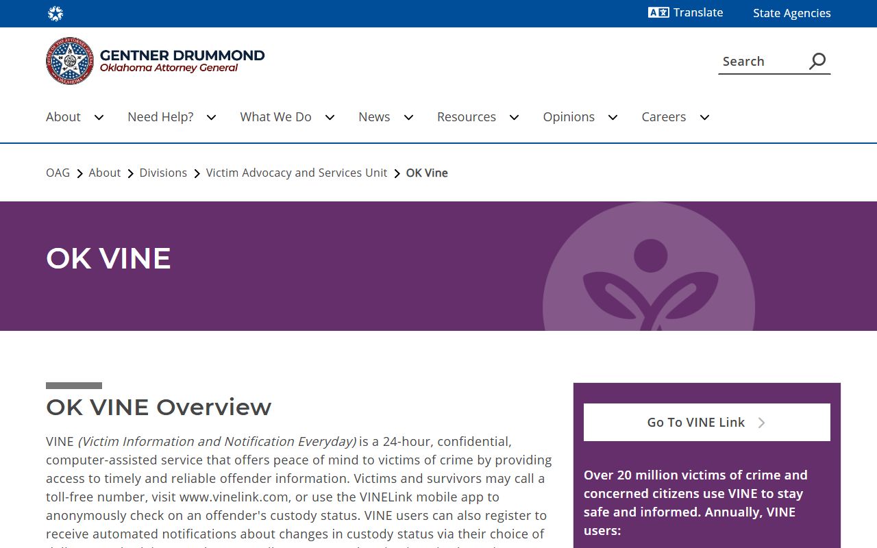 Texas County inmate custody alerts through the Oklahoma VINE program page